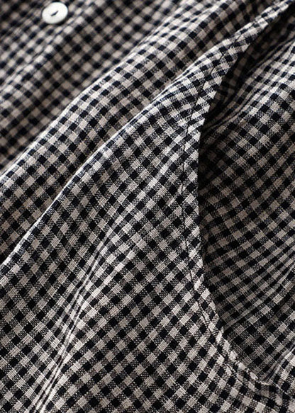 Organic Brown Plaid Peter Pan Collar Patchwork Linen Dresses Summer