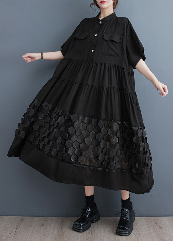 Organic Black Wrinkled Patchwork Vacation Long Dresses Summer