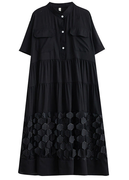 Organic Black Wrinkled Patchwork Vacation Long Dresses Summer