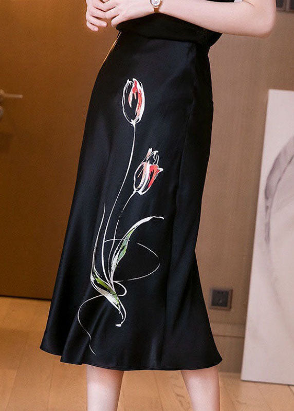 Organic Black Print Zippered a Line Fall Skirt