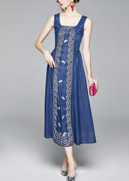 Organic Blue Cinched Embroideried Zippered Spaghetti Strap Cotton Denim Dress Spring