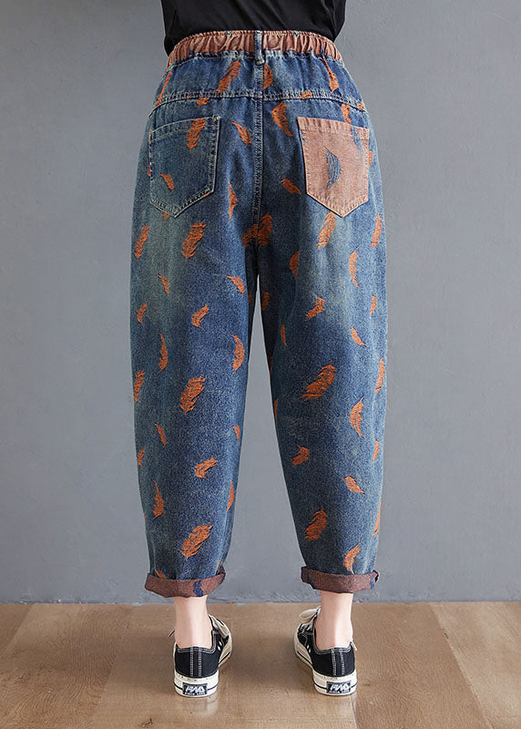 Organic Blue Embroideried Pockets Denim Pants Spring