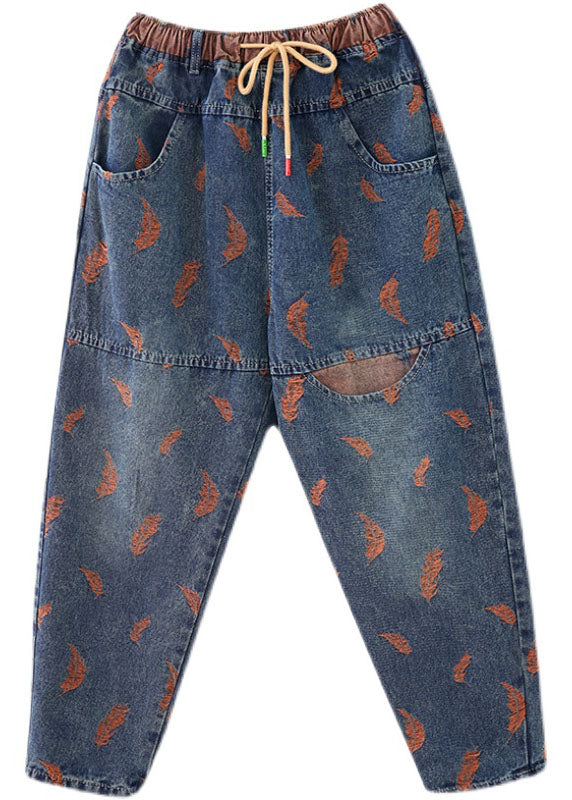 Organic Blue Embroideried Pockets Denim Pants Spring