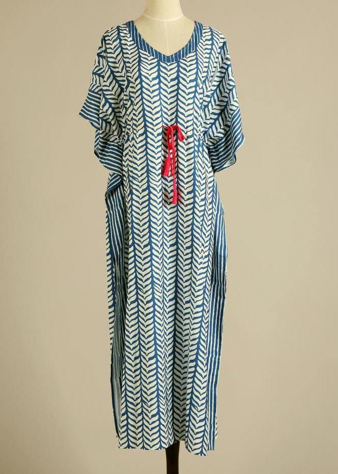 Organic Blue V Neck Kimono Robe Cotton Dress