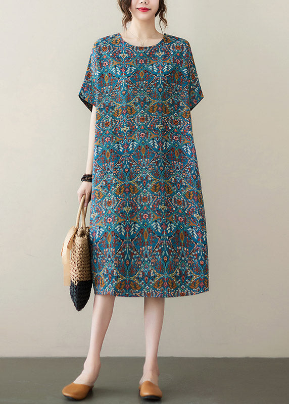 Organic Blue O-neck Print Cotton Maxi Dresses Summer