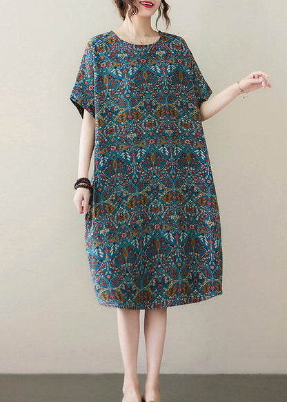 Organic Blue O-neck Print Cotton Maxi Dresses Summer