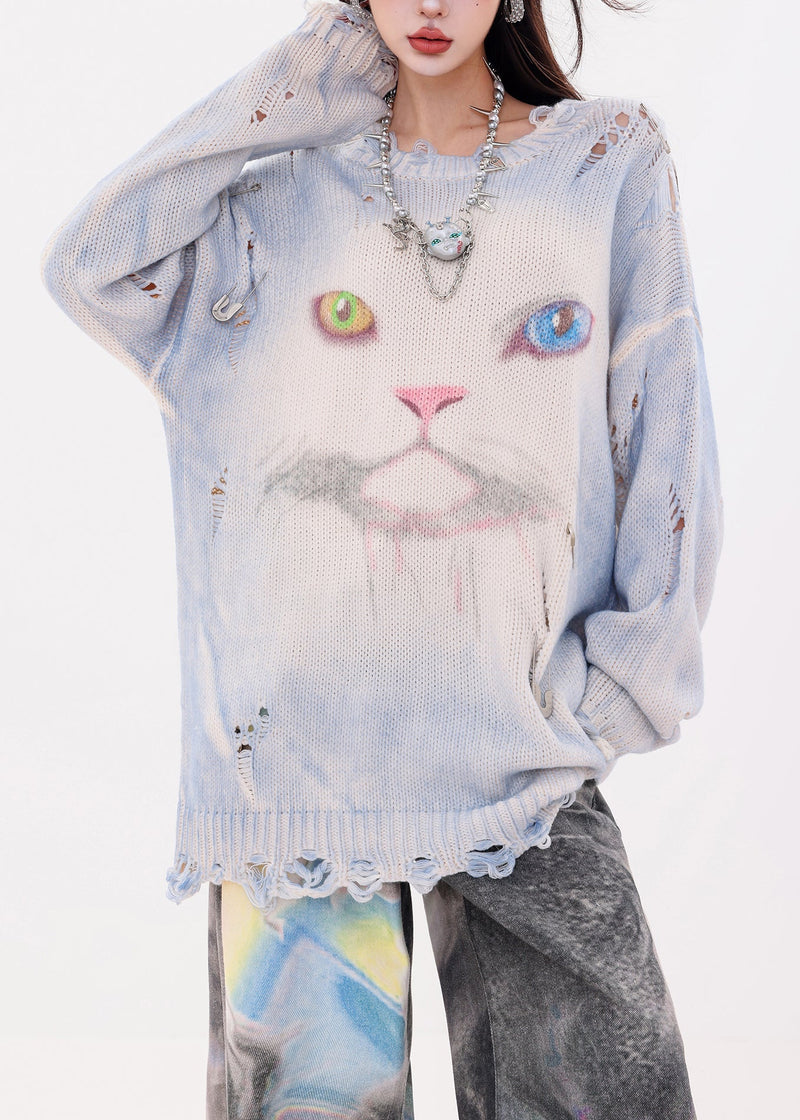 Organic Blue Oversized Cat Print Knit Ripped Sweater Winter