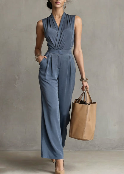 Organic Blue Patchwork Top and Wide Leg Pants Two Pieces Sets Sleeveless