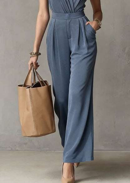 Organic Blue Patchwork Top and Wide Leg Pants Two Pieces Sets Sleeveless