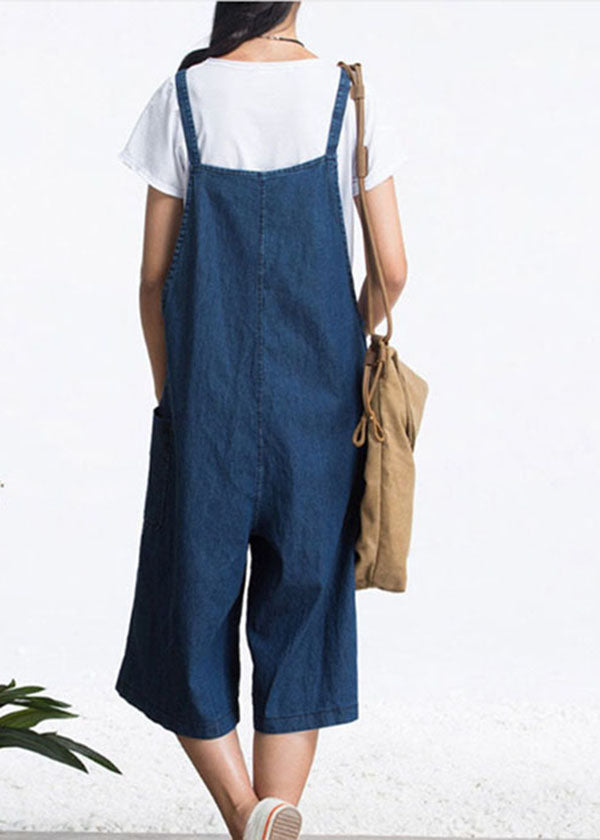 Organic Blue Pockets Color Cotton Denim Jumpsuits Wide Leg Pants Summer
