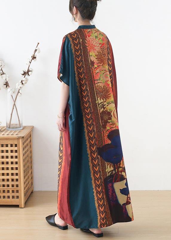Organic Blue Red Print Oriental Summer Chiffon Dress