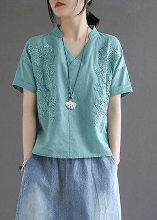 Organic Blue V Neck Embroidered Low High Design Shirts Summer