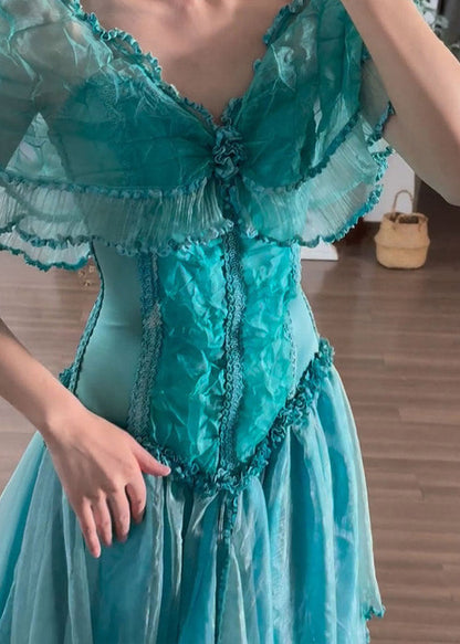 Organic Blue V Neck Ruffled Patchwork Tulle Maxi Dress Summer