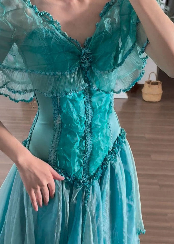 Organic Blue V Neck Ruffled Patchwork Tulle Maxi Dress Summer