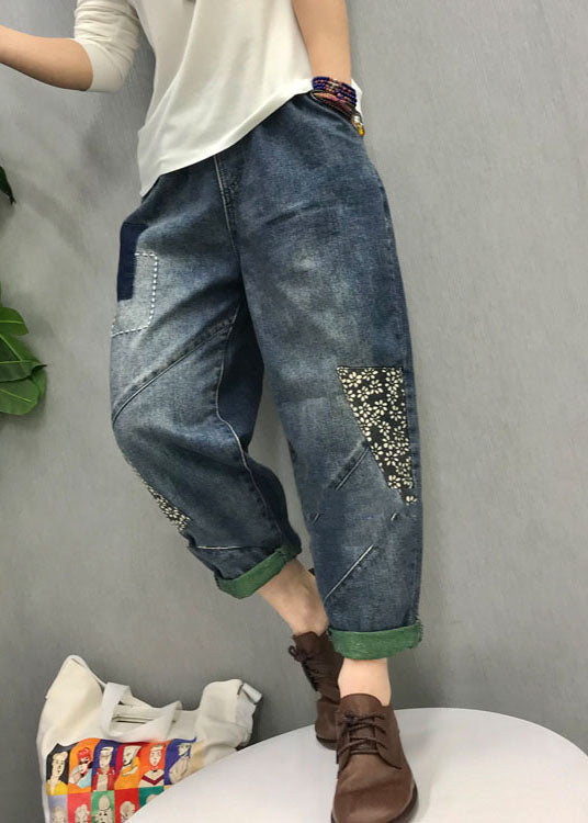 Organic Blue Patch Applique Denim Pants Spring