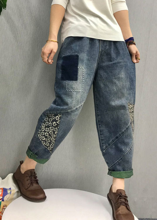 Organic Blue Patch Applique Denim Pants Spring