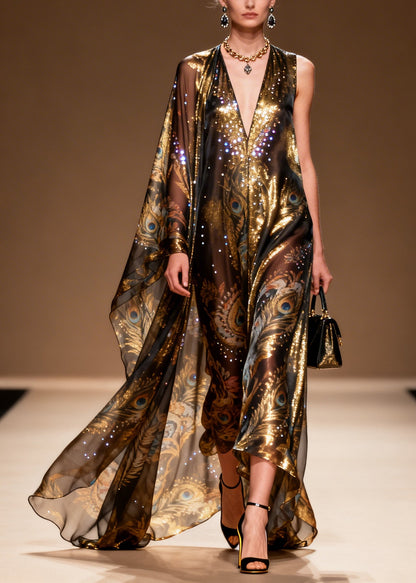 Organic Brown Asymmetrical Print Rhinestone Silk Party Dress Summer