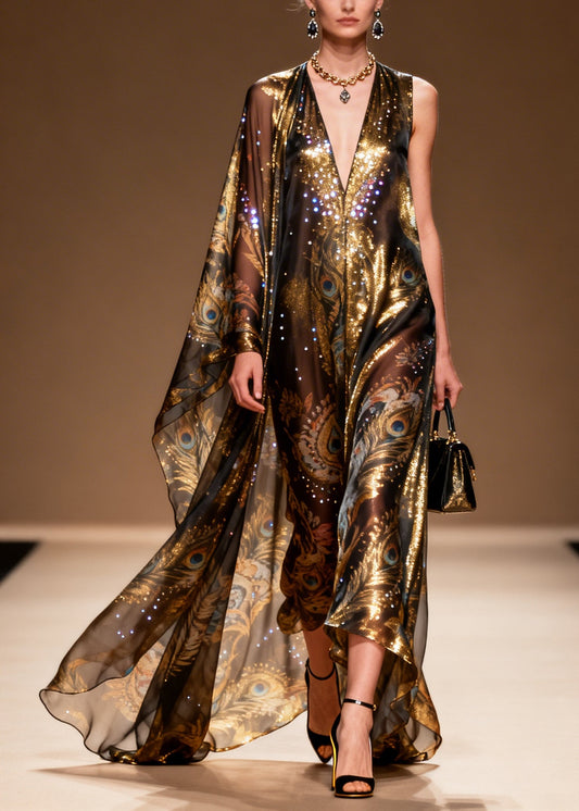 Organic Brown Asymmetrical Print Rhinestone Silk Party Dress Summer