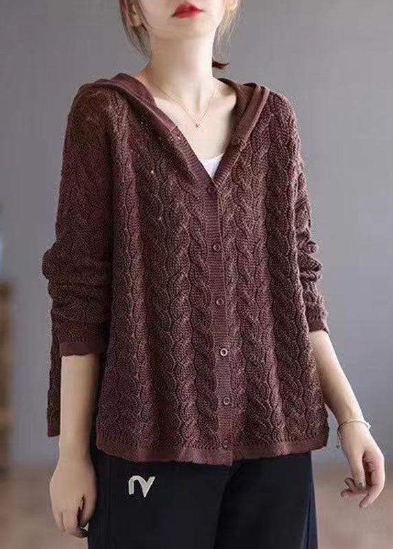 Organic Caramel Loose Hooded Button Fall Knit Knit Sweater
