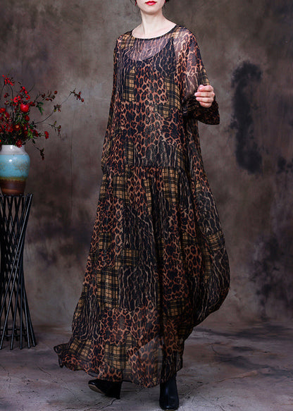 Organic Chocolate O-neck Print Maxi Dress and Suspenders Two Pieces Set Fall
