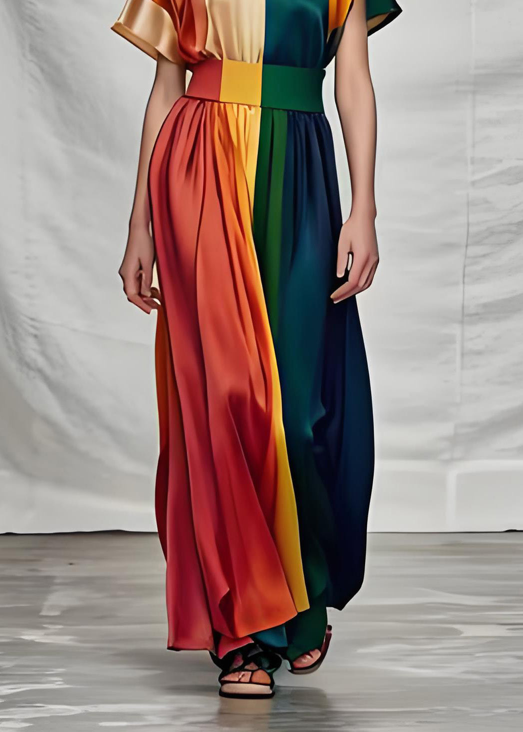 Organic Colorblock O Neck Silk Dress Summer