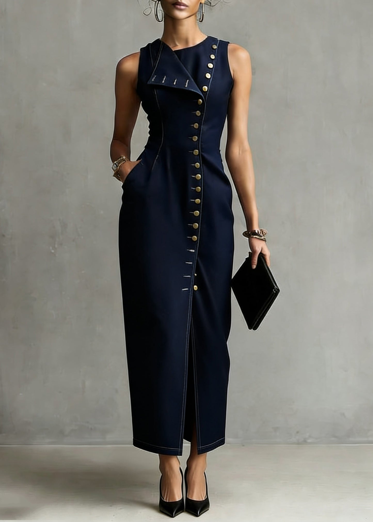 Organic Dark Blue Asymmetrical Pocket Denim Maxi Dress Sleeveless