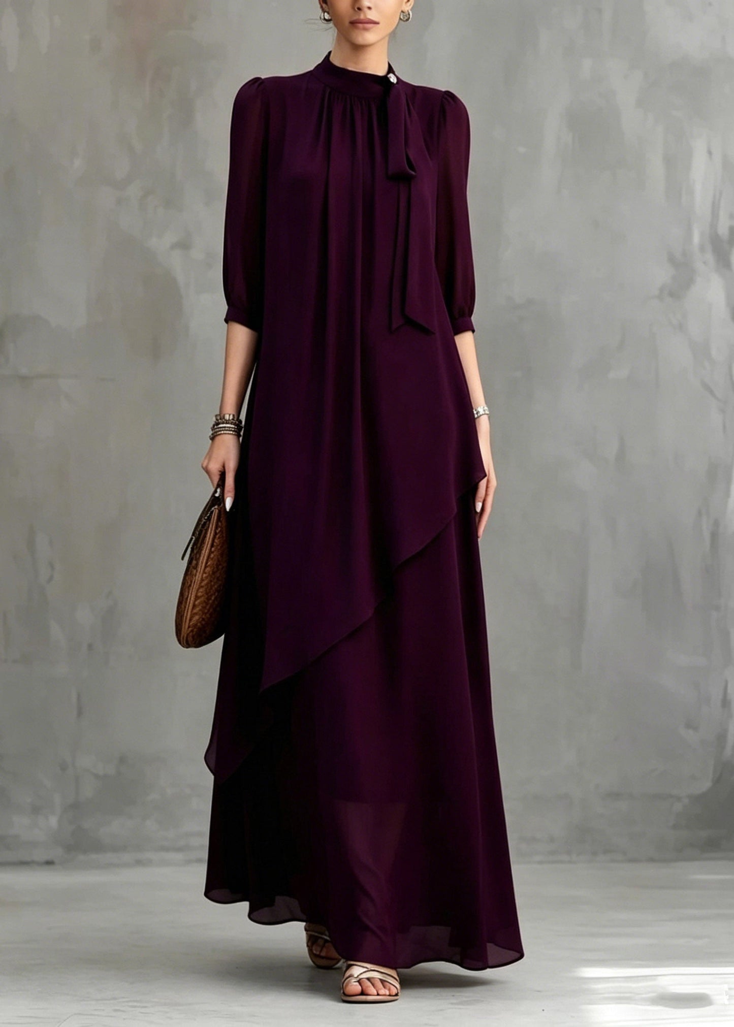 Organic Dark Purple Stand Collar Maxi Dress Half Sleeve