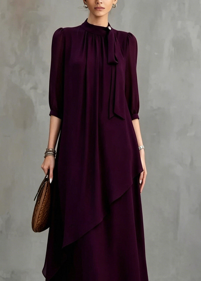 Organic Dark Purple Stand Collar Maxi Dress Half Sleeve