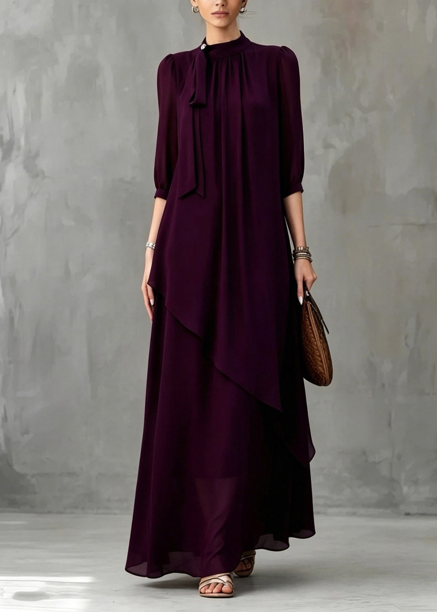 Organic Dark Purple Stand Collar Maxi Dress Half Sleeve