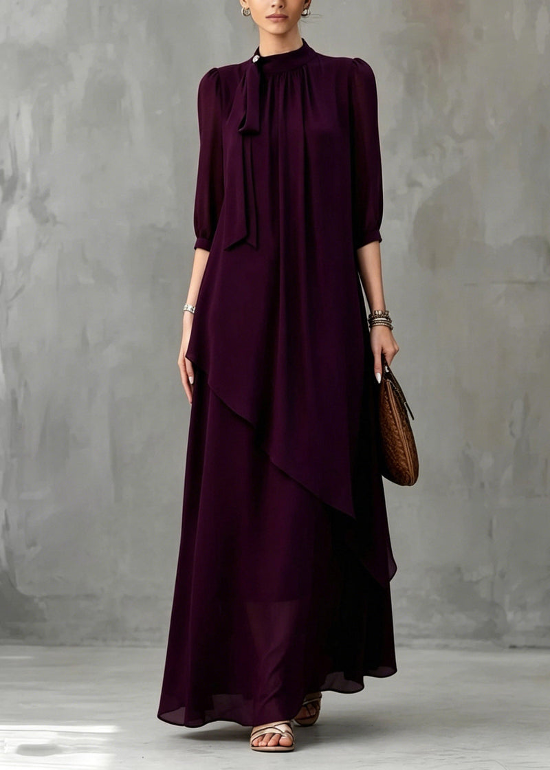 Organic Dark Purple Stand Collar Maxi Dress Half Sleeve