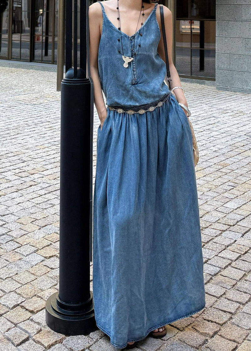 Organic Denim Blue V Neck Pockets Patchwork Long Spaghetti Strap Dress Sleeveless