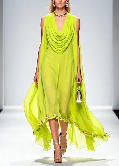 Organic Fluorescent Green Turtle Neck Chiffon Long Dresses Summer