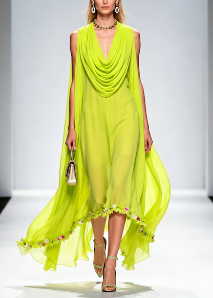 Organic Fluorescent Green Turtle Neck Chiffon Long Dresses Summer