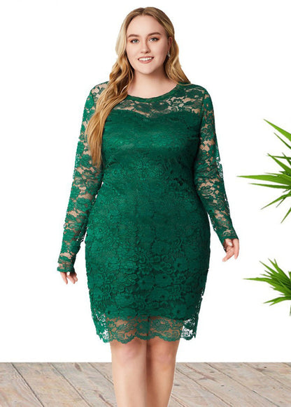 Organic Green O-neck Lace Mid Dress Fall