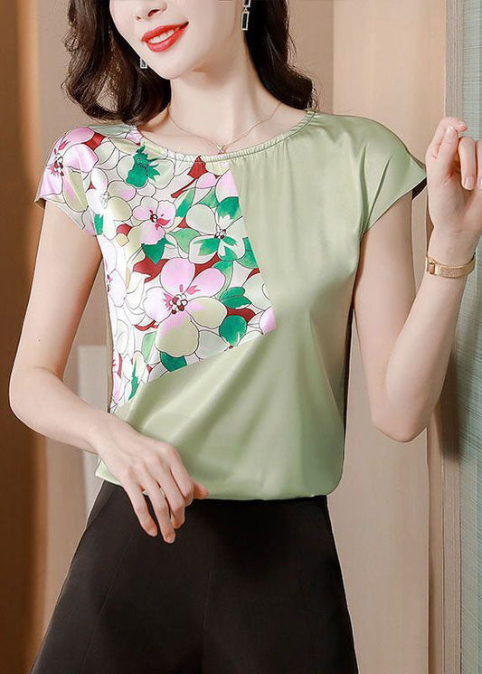 Organic Green O-neck Patchwork Print Silk Top Summer