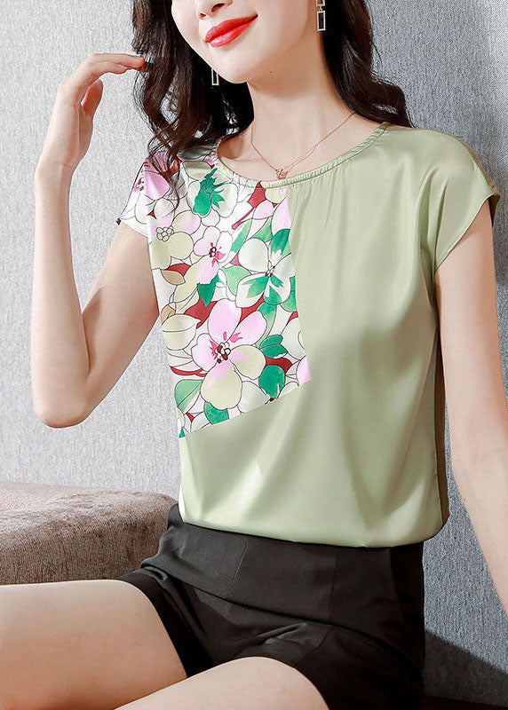 Organic Green O-neck Patchwork Print Silk Top Summer