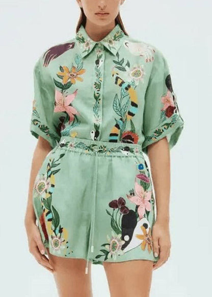 Organic Green Shirts and Shorts Patchwork Print Two Pieces Set Short Sleeve