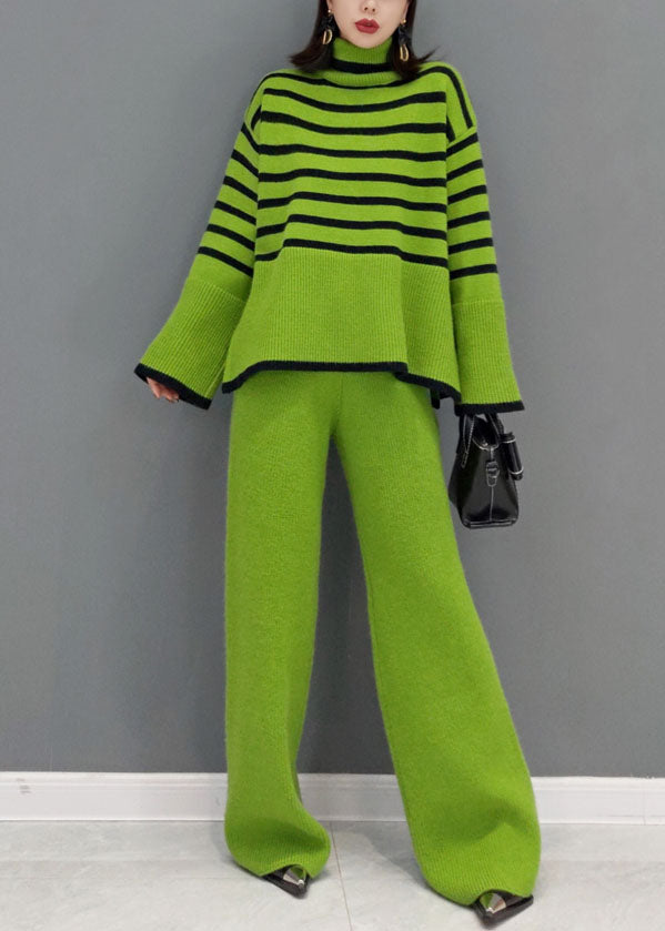 Organic Green Turtle Neck Striped Wide Leg Pants Knit Two Pieces Set Spring
