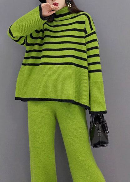 Organic Green Turtle Neck Striped Wide Leg Pants Knit Two Pieces Set Spring