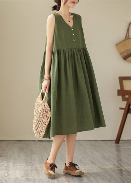 Organic Green V Neck Patchwork Wrinkled Cotton Long Dress Summer
