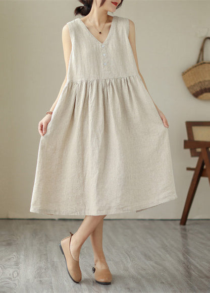 Organic Green V Neck Patchwork Wrinkled Cotton Long Dress Summer