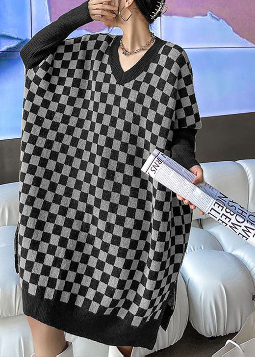 Organic Grey Black Plaid V Neck Side Open Winter Long Knit Dress
