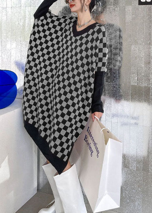 Organic Grey Black Plaid V Neck Side Open Winter Long Knit Dress