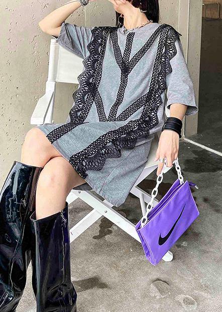 Organic Grey Cotton Patchwork Lace Summer Ankle Dress