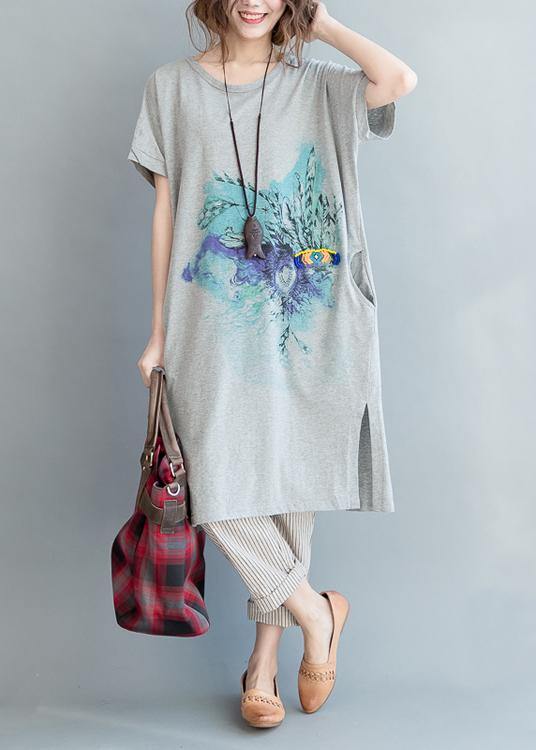 Organic Grey Print Cotton Side Open Summer Vacation Dresses