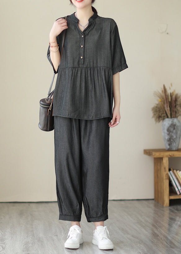 Organic Grey V Neck Patchwork Wrinkled Denim Two Piece Set Clothing Summer