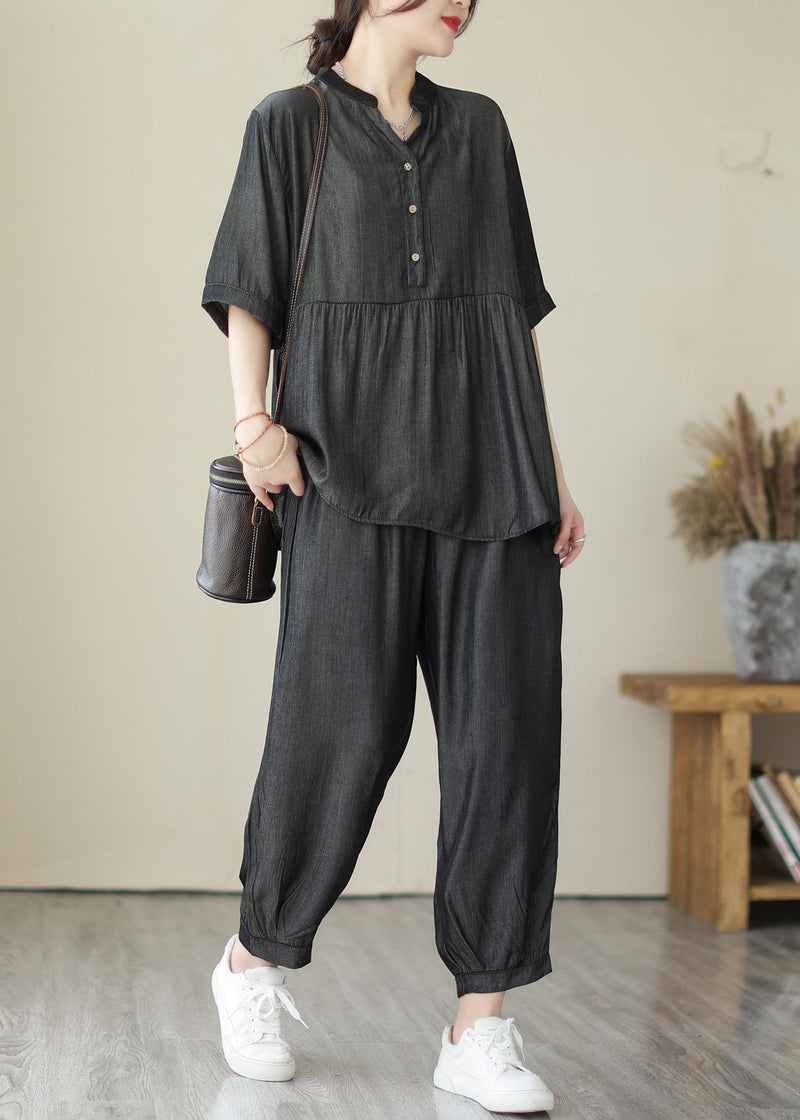 Organic Grey V Neck Patchwork Wrinkled Denim Two Piece Set Clothing Summer