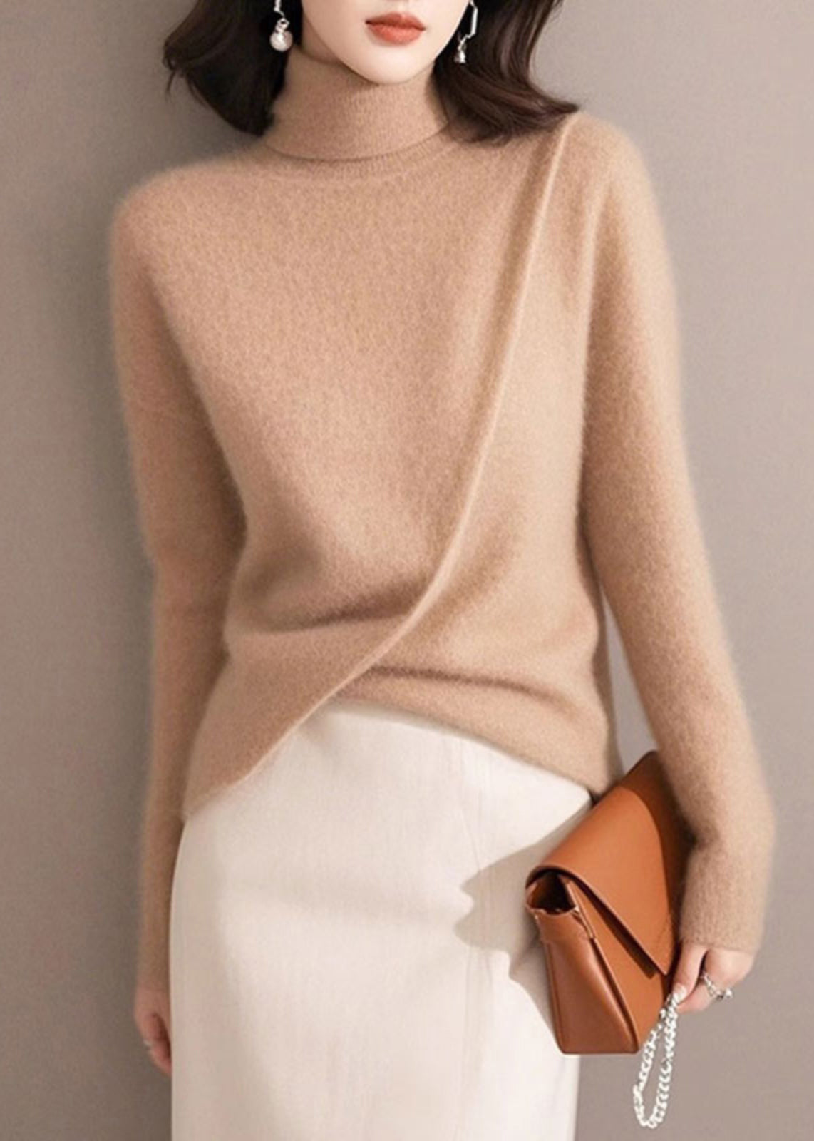 Organic Light Camel Asymmetrical Cotton Knit Sweaters Sprin