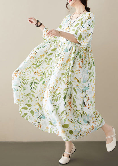 Organic Light Green O-neck Print Wrinkled Maxi Dress Half Sleeve