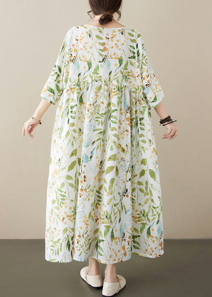 Organic Light Green O-neck Print Wrinkled Maxi Dress Half Sleeve
